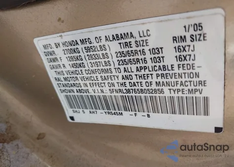 2005 Honda Odyssey Ex-L z USA, uszkodzony, nr VIN 5FNRL38765B052856